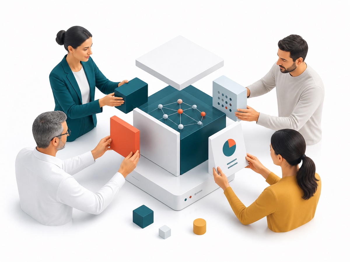 Une équipe multidisciplinaire assemble les composants d’un même projet numérique.